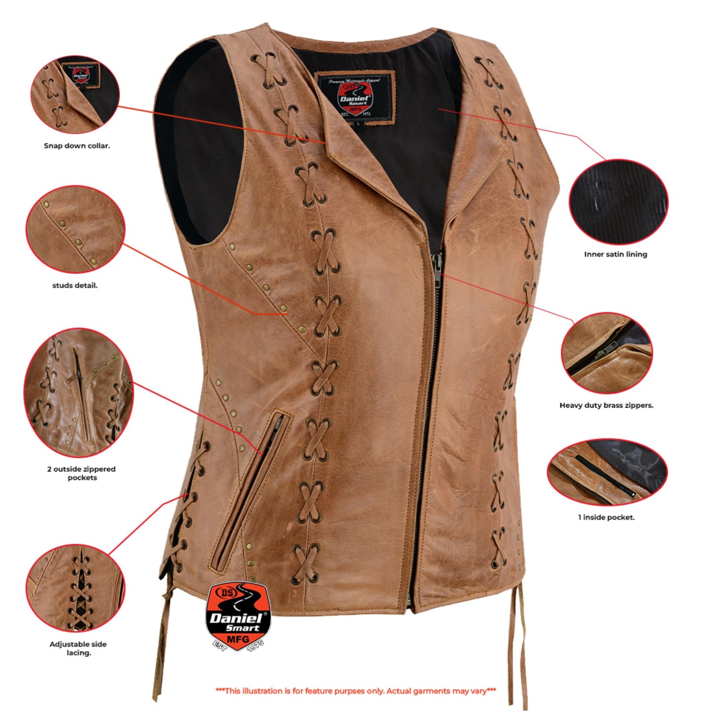 RC Women's Brown Zippered Vest with Lacing Details