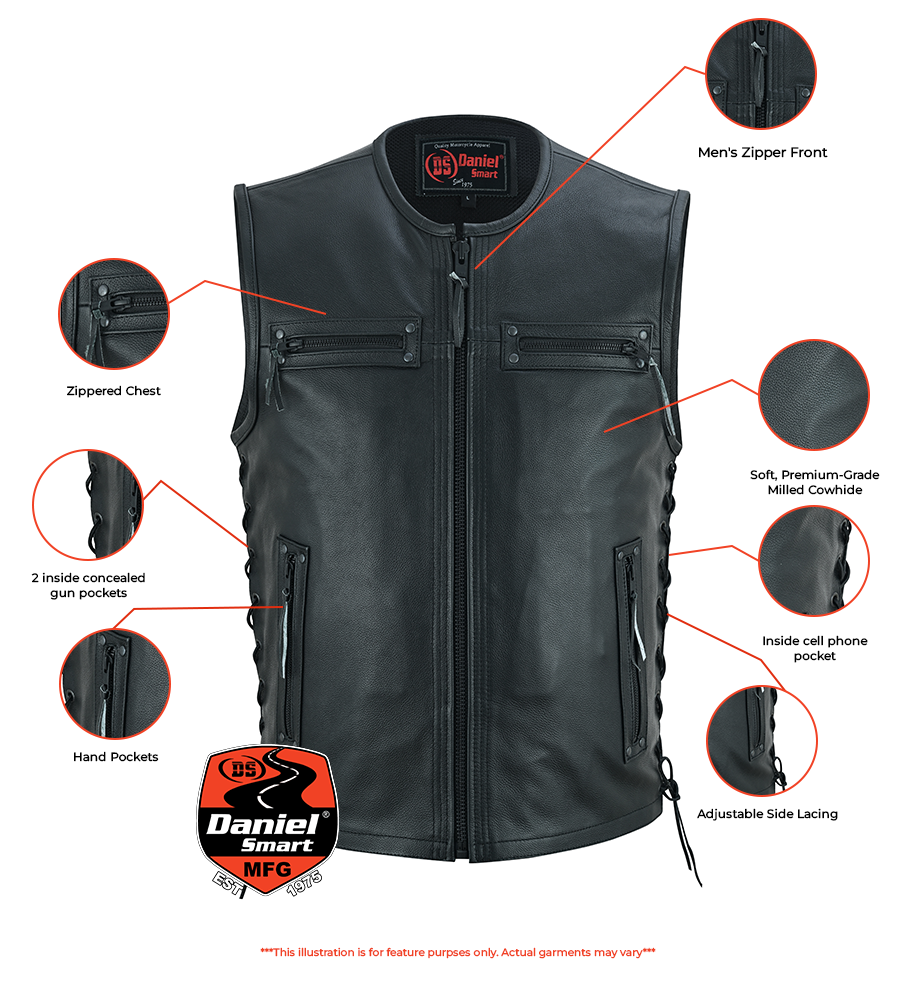 RC Men's Zipper Front Black Leather Motorcycle Vest
