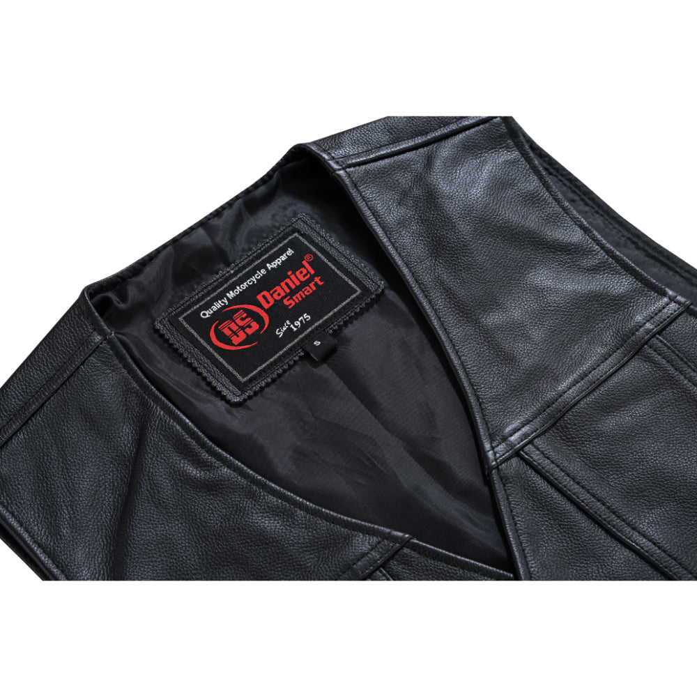 RC Buffalo Nickel Black Leather Vest for Men - Customizable Back & Satin Liner