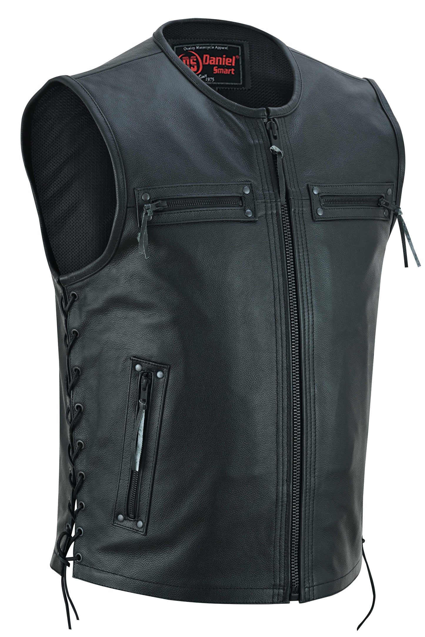 RC Men's Zipper Front Black Leather Motorcycle Vest