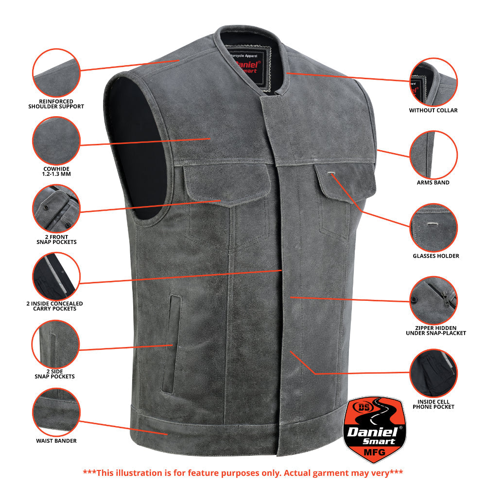 RC Men's Distressed Gray Cowhide Leather  Motorcycle Vest