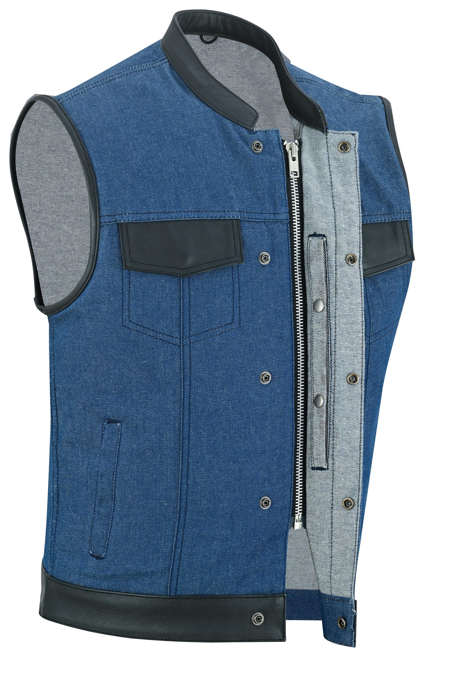 DM Men's Upgraded Broken Blue Denim Motorcycle Vest w/Leather Trimming