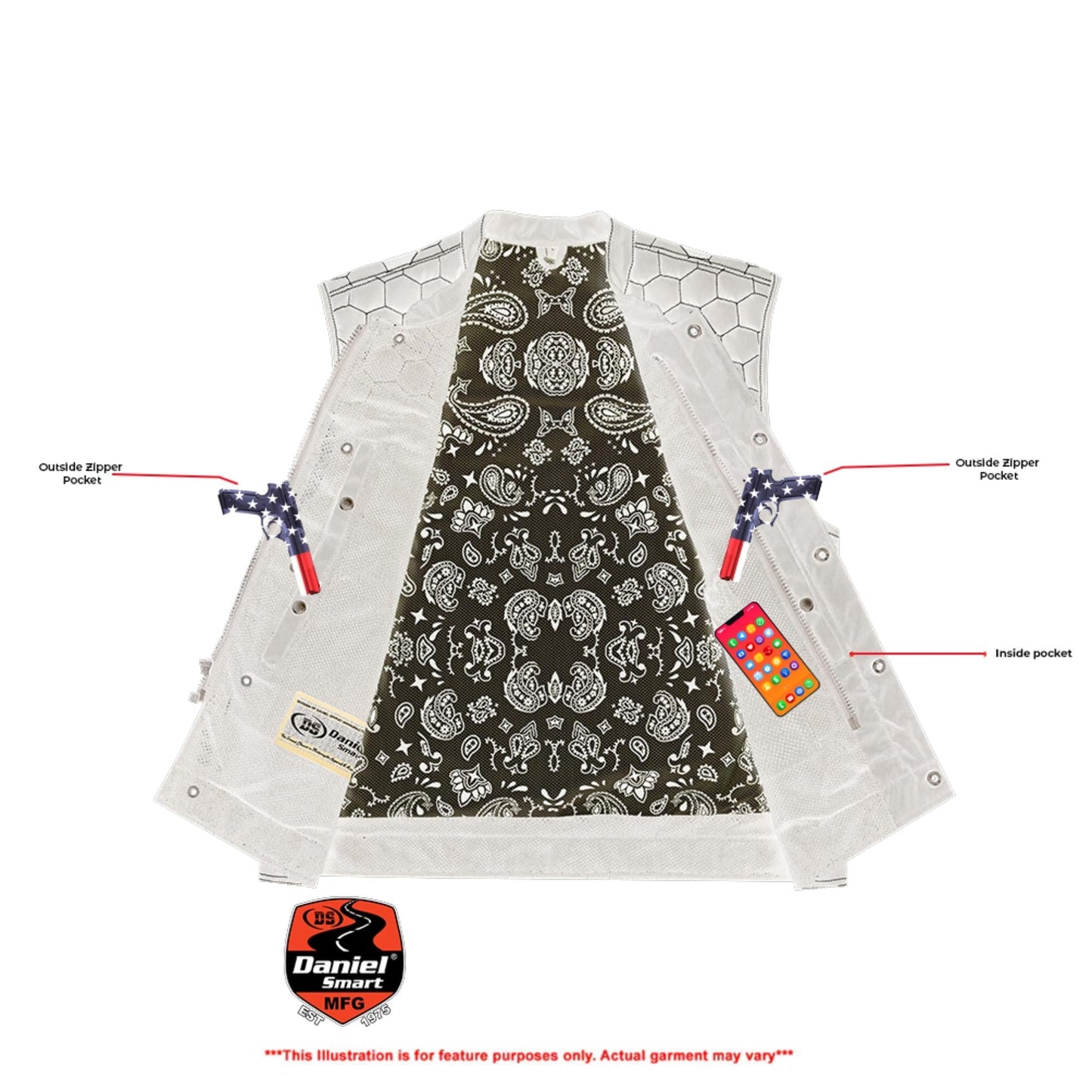 Men's Black Mesh Textile Vest with White Paisley Liner