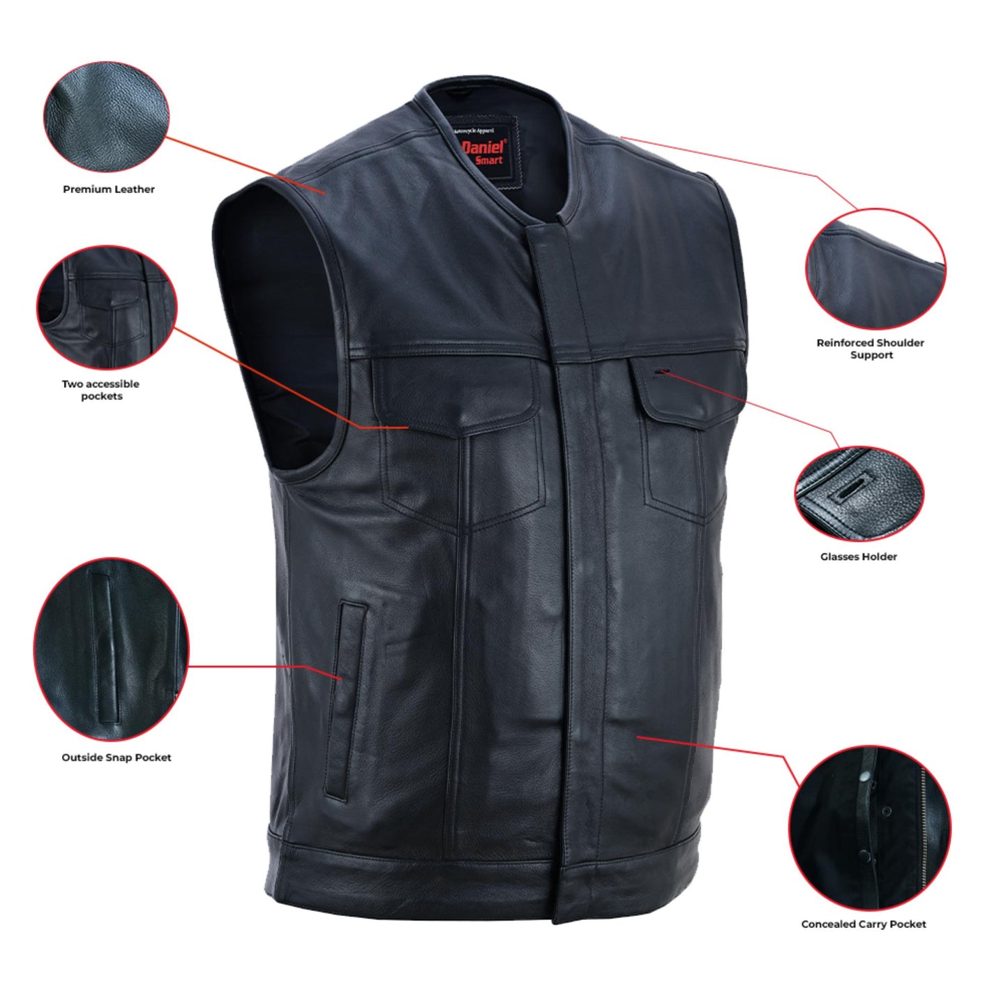 RC Men's Titan Black Leather Vest - Milled Cowhide, Hidden Zipper