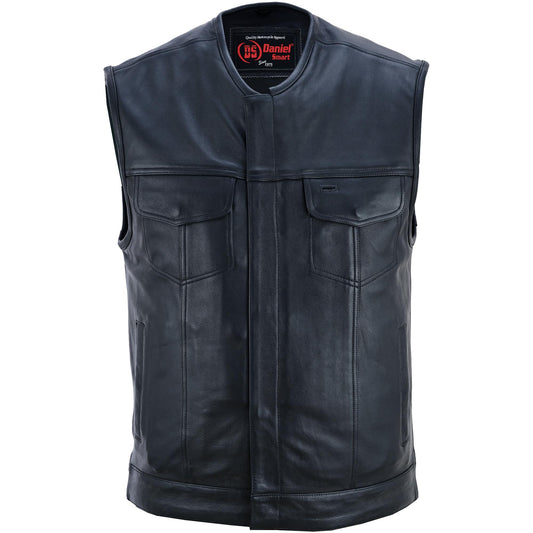 RC Men's Titan Black Leather Vest -  Milled Cowhide, Hidden Zipper