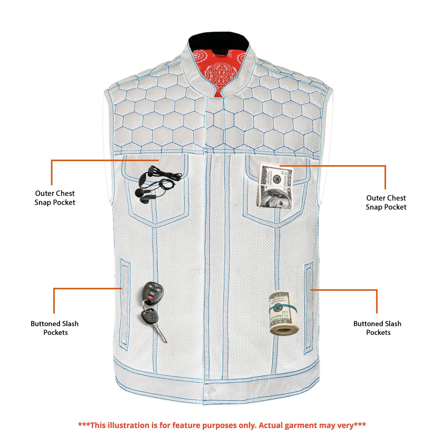 Night Tiger Men’s Black Mesh Textile Vest with Orange Diamond Stitch