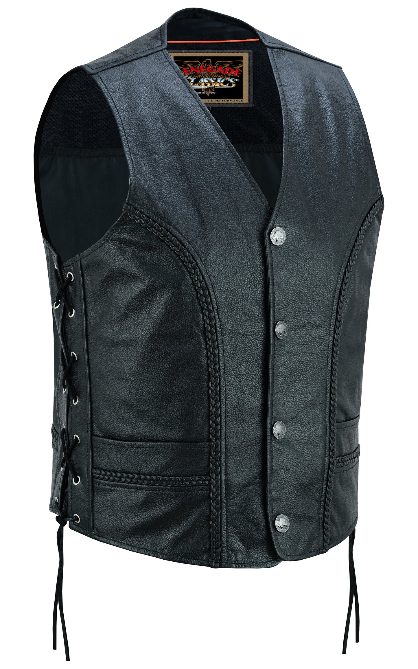 Charlie Men's Black Braided Leather Motorcycle Vest & Lace-Up Sides