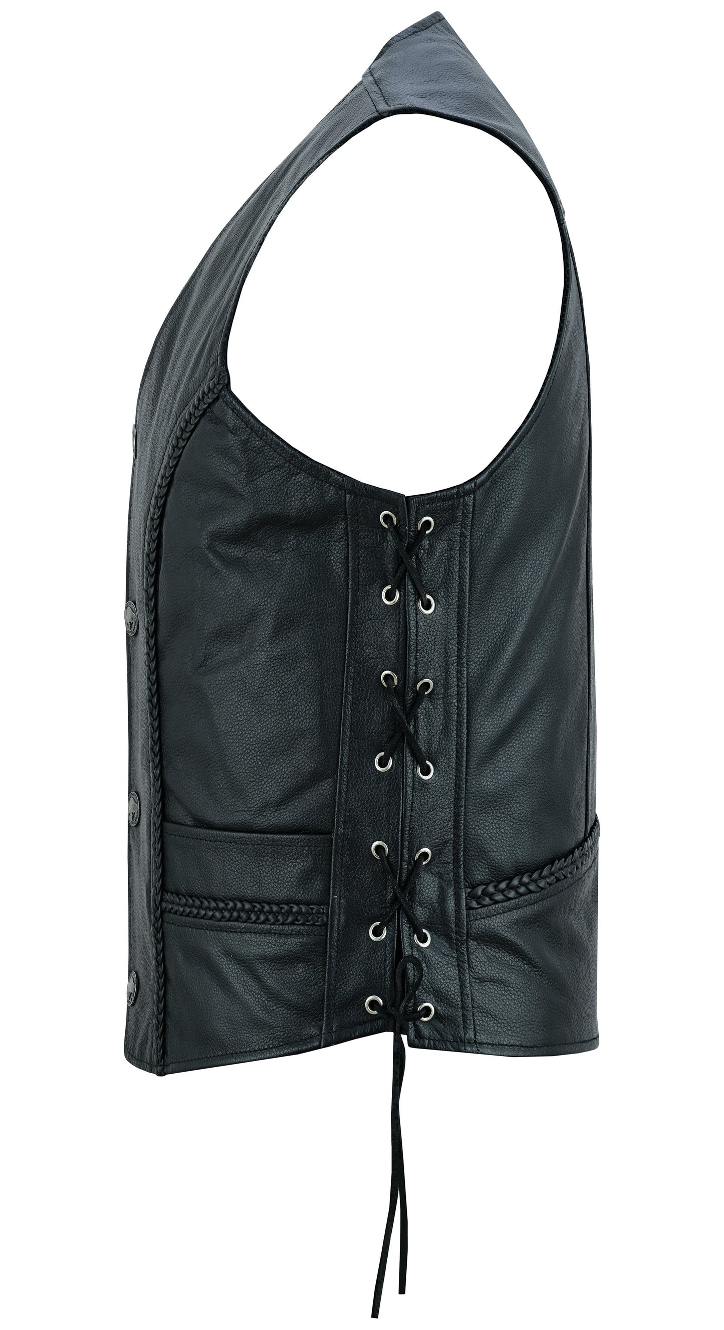 Charlie Men's Black Braided Leather Motorcycle Vest & Lace-Up Sides