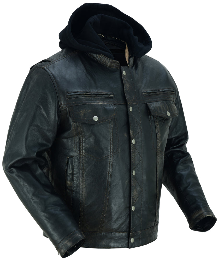 RC Men's Black Lightweight Drum Dyed Distressed Lambskin Jacket with Removable Hoodie