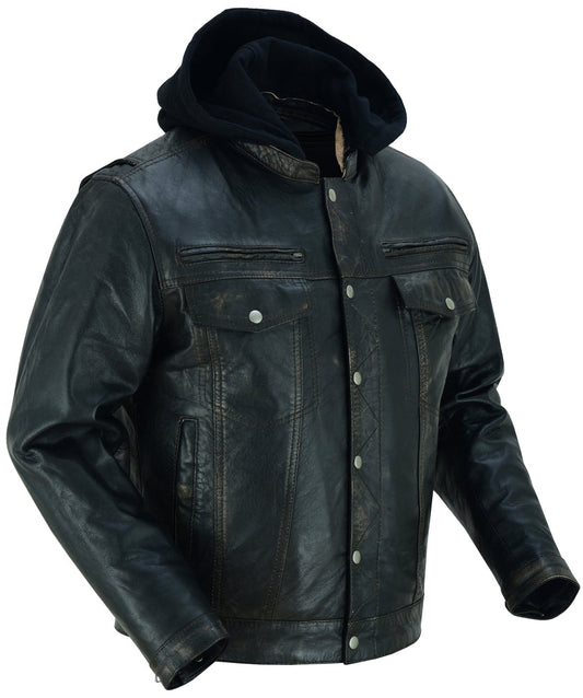 RC Men's Black Lightweight Drum Dyed  Distressed Lambskin Jacket with Removable Hoodie