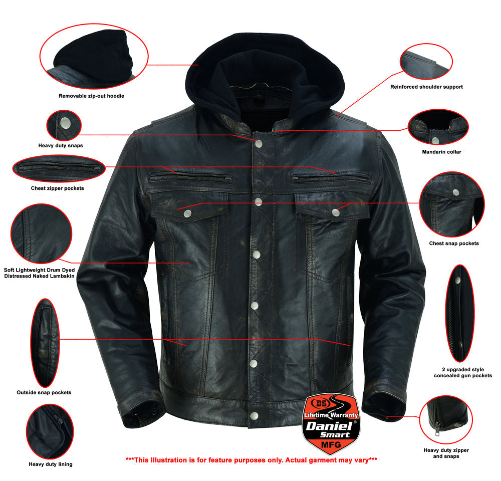 RC Men's Black Lightweight Drum Dyed Distressed Lambskin Jacket with Removable Hoodie