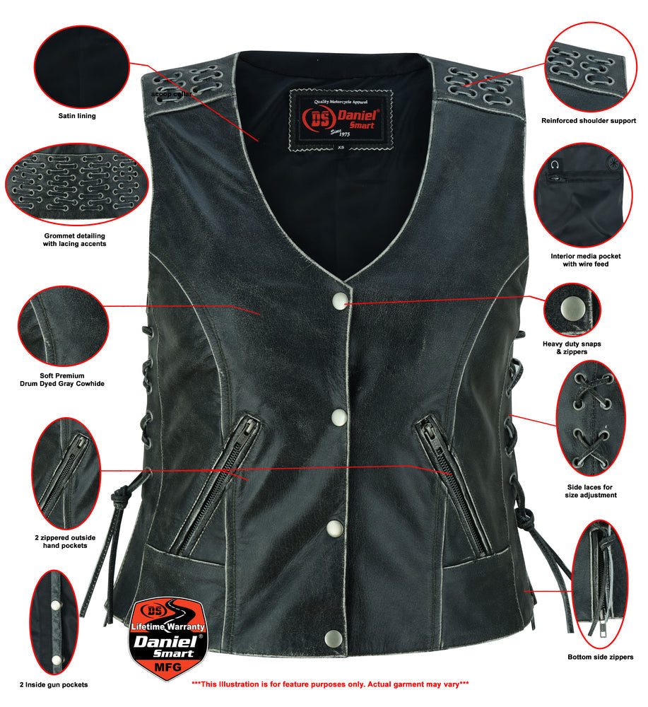 RC Women's Gray Vest with Grommet and Lacing Accents