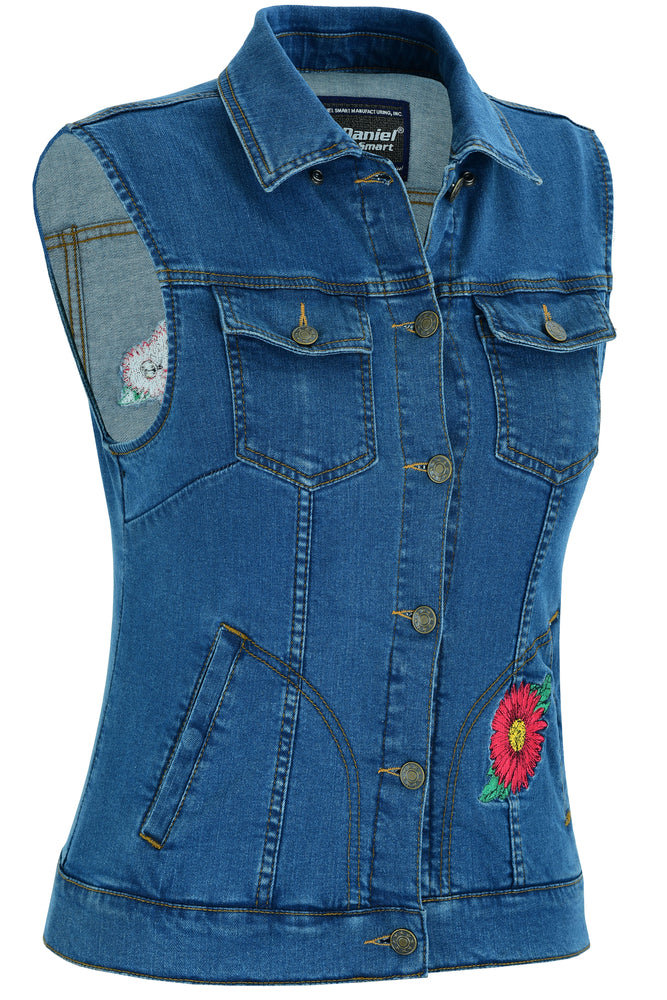DM Women's Blue Denim Snap Front Vest with Red Daisy