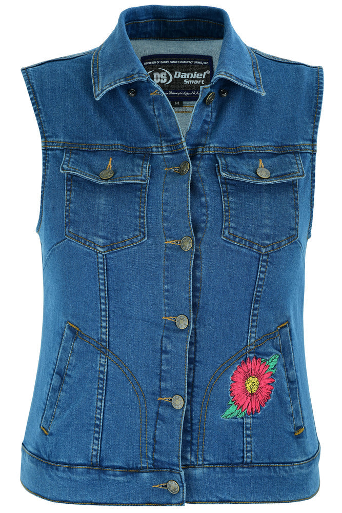 DM Women's Blue Denim Snap Front Vest with Red Daisy