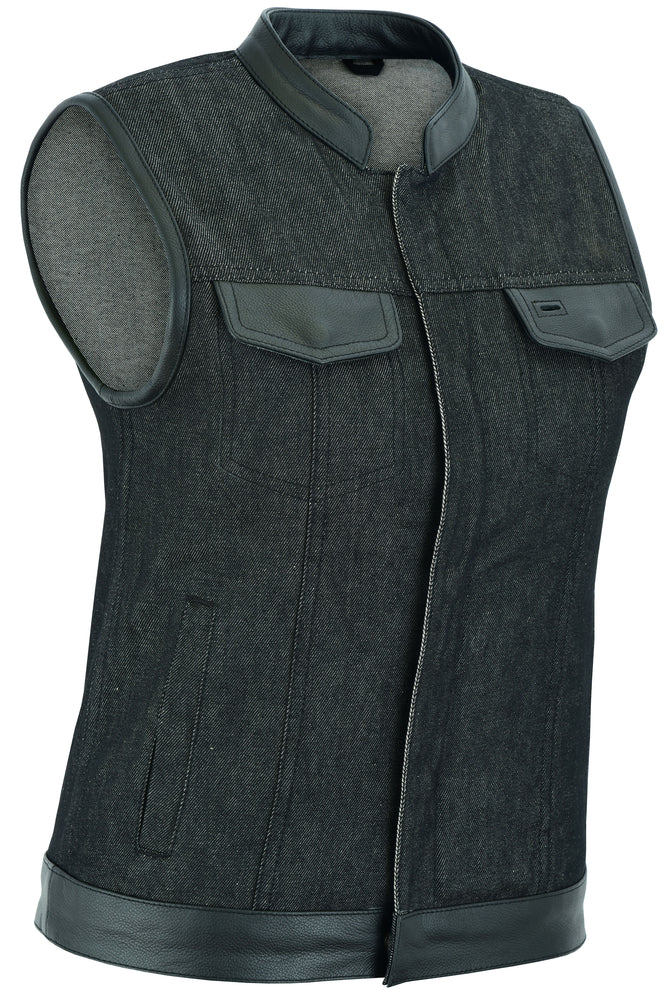 DM Women's Rough Rub-Off Raw Finish Denim Vest W/Leather Trim