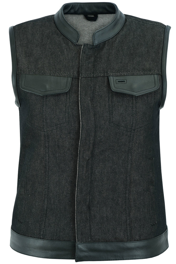 DM Women's Rough Rub-Off Raw Finish Denim Vest W/Leather Trim