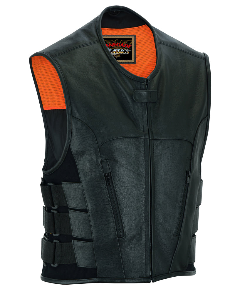 Men's Black Leather SWAT Style Motorcycle Vest