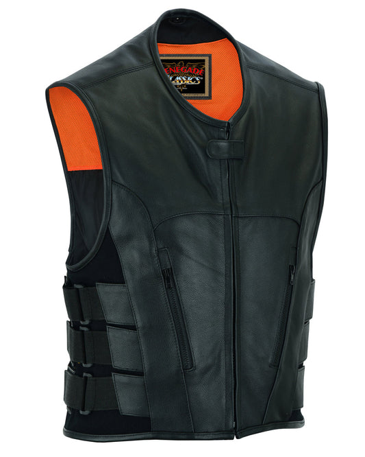 Men's Black Leather SWAT Style Motorcycle Vest