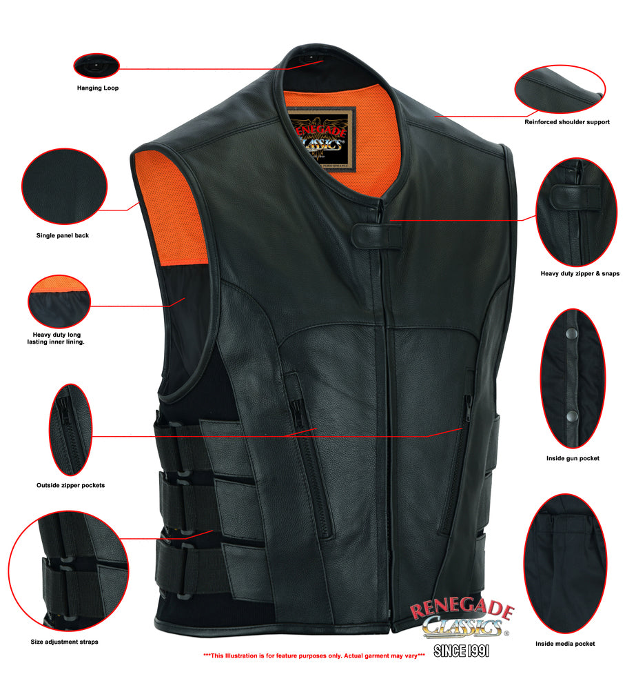 Men's Black Leather SWAT Style Motorcycle Vest