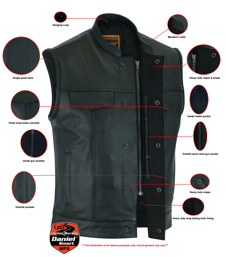 RC Blackhawk Scoop Collar Men's Motorcycle Vest - Smart Access Pocket & Hidden Zipper