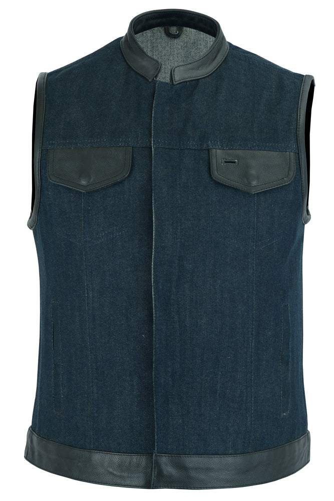 DM Women's Broken Blue Rough Rub-Off Raw Finish Denim Vest W/Leath