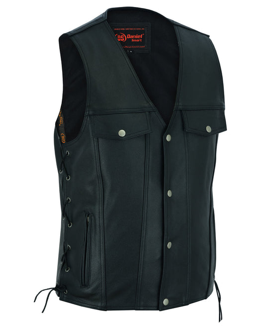 RC Men's Black Leather Vest with Side Laces and Smart Access Pockets