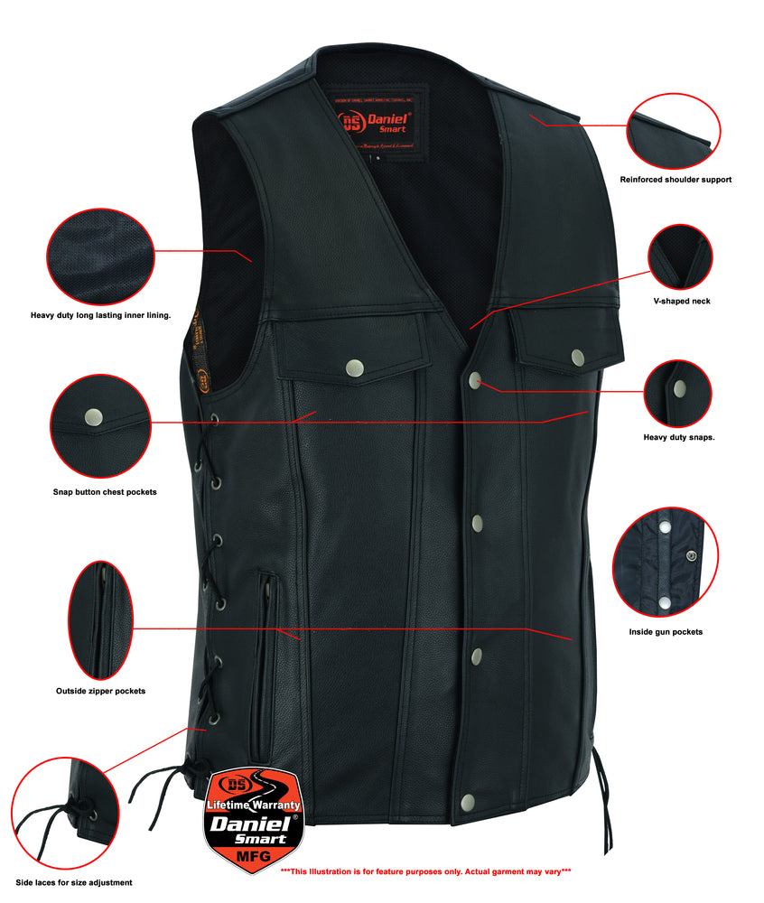 RC Men's Black Leather Vest with Side Laces and Smart Access Pockets