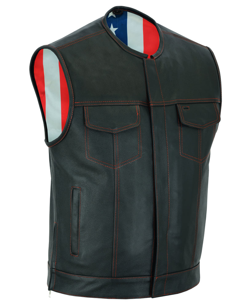 Men's Banded Collar leather Vest with USA Flag Lining & Red Stitching
