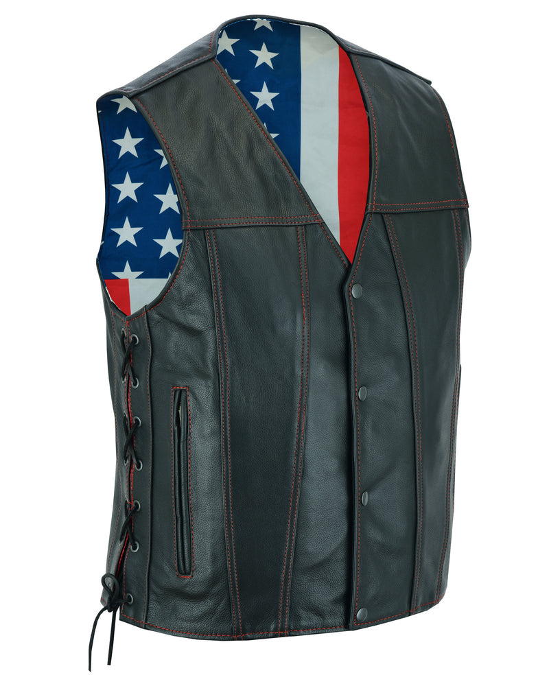 RC Men's Honor Ride Black Leather Motorcycle with Vest Red Stitching
