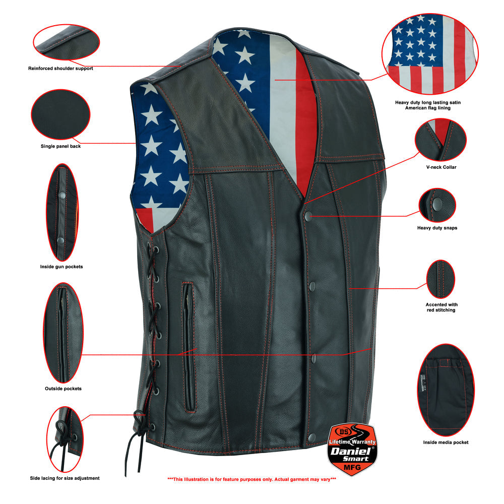 RC Men's Honor Ride Black Leather Motorcycle with Vest Red Stitching