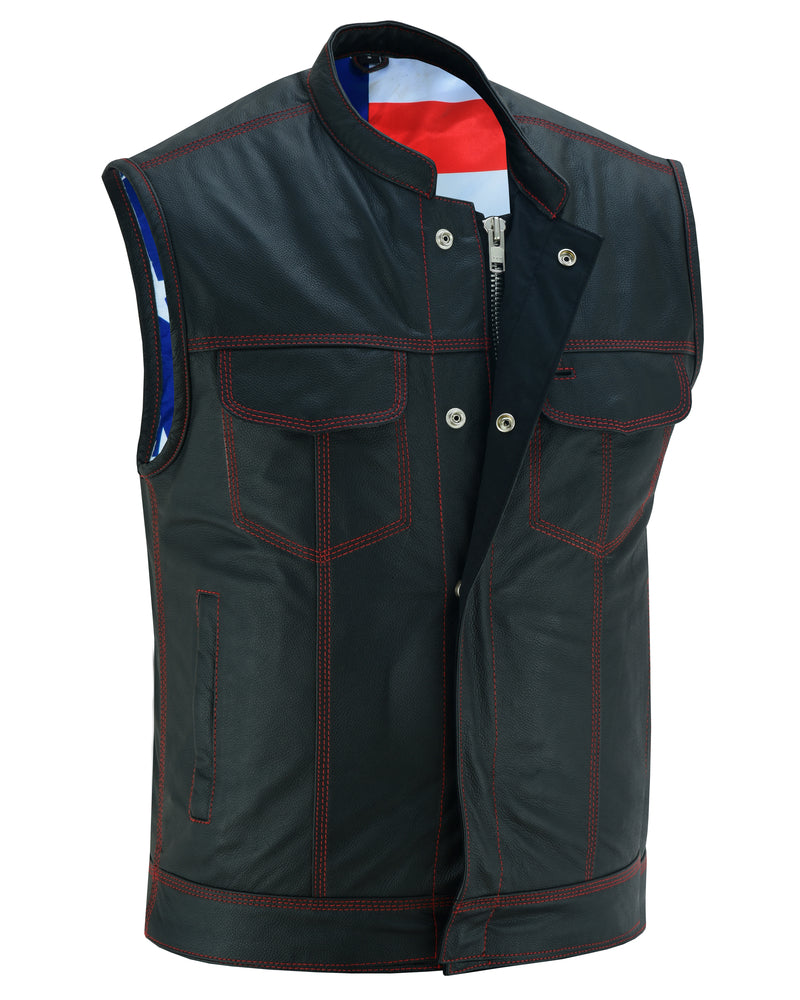 RC Mens's Leather Motorcycle Vest with Scoop Collar & USA Flag