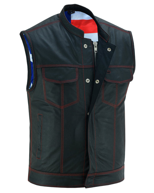 RC Mens's Leather Motorcycle Vest with Scoop Collar & USA Flag