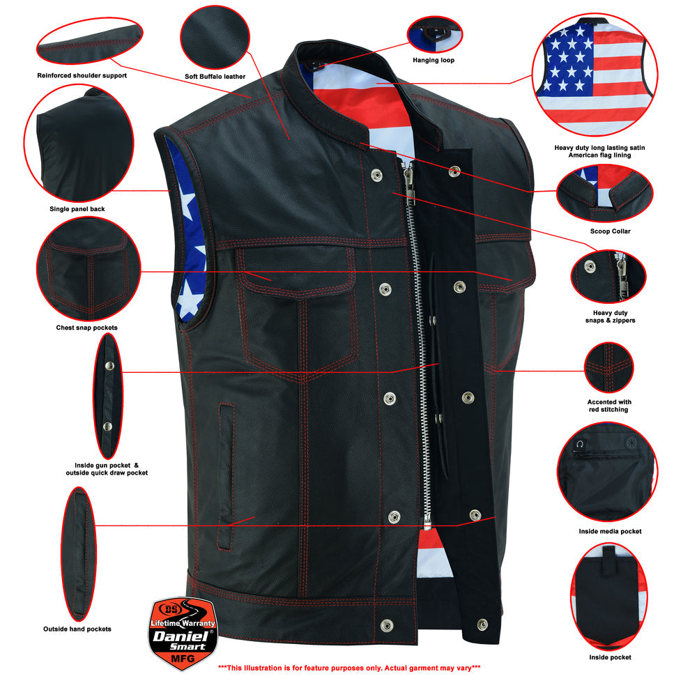 RC Mens's Leather Motorcycle Vest with Scoop Collar & USA Flag