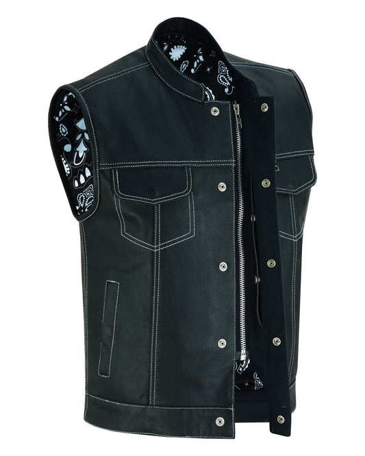 RC Men's Paisley Black Leather Motorcycle Vest with White Stitching