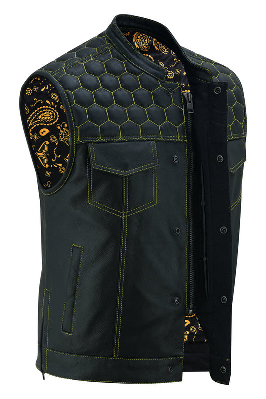RC Men's Gold Rush Black Leather Vest - Yellow Stitching