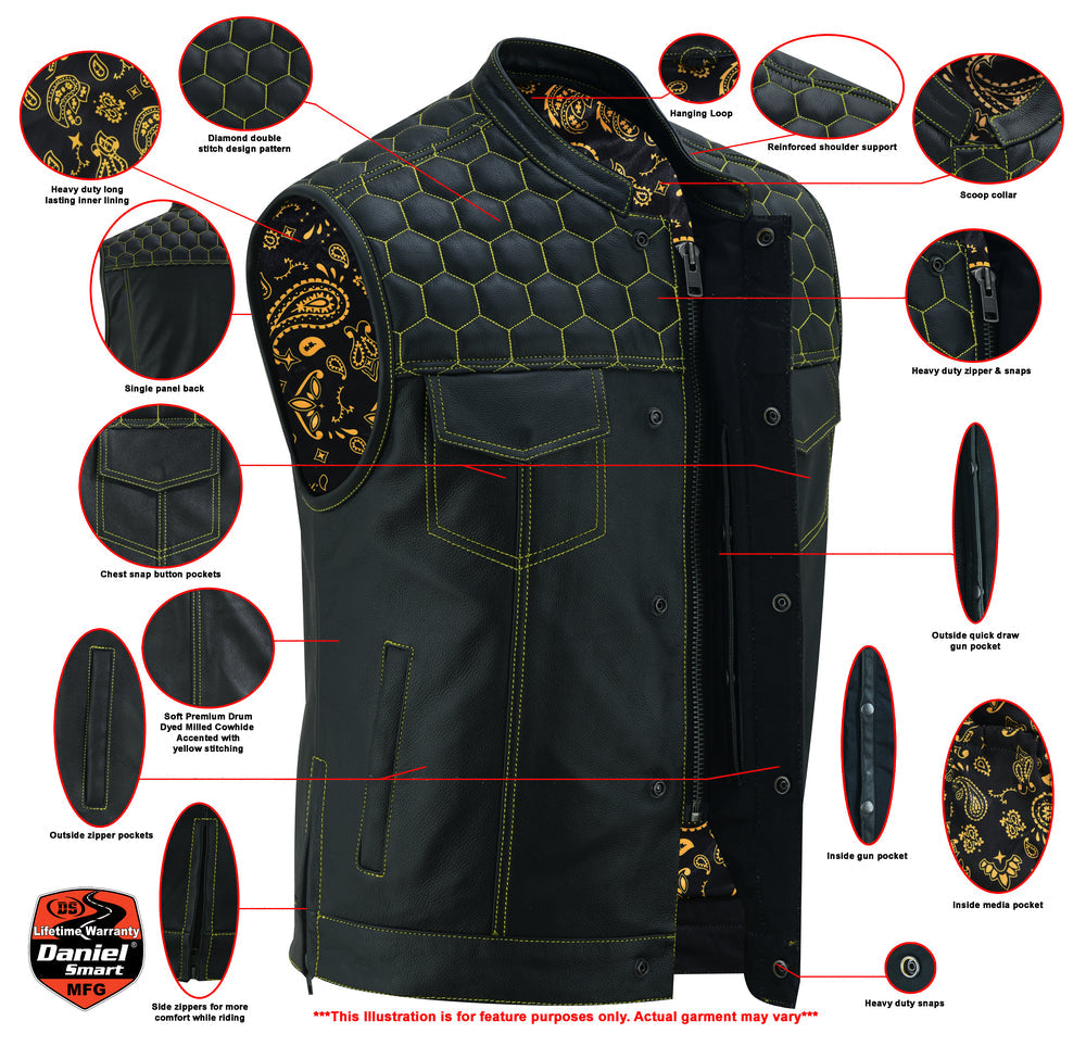 RC Men's Gold Rush Black Leather Vest - Yellow Stitching