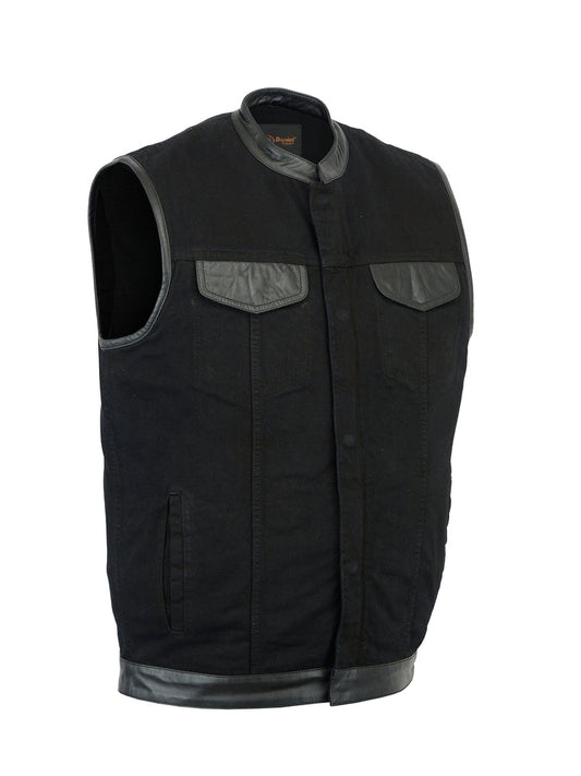 DM Men's Black Denim Single Panel Concealment Vest W/ Leather Trim