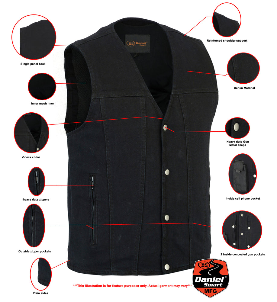DM Men's Black Plain sides Denim Motorcycle Vest – Heavy Snaps