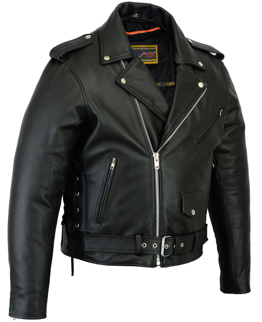 RC Men’s Classic Side Lace Police Black Leather Motorcycle Jacket