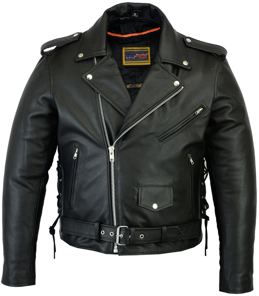 RC Men’s Classic Side Lace Police Black Leather Motorcycle Jacket