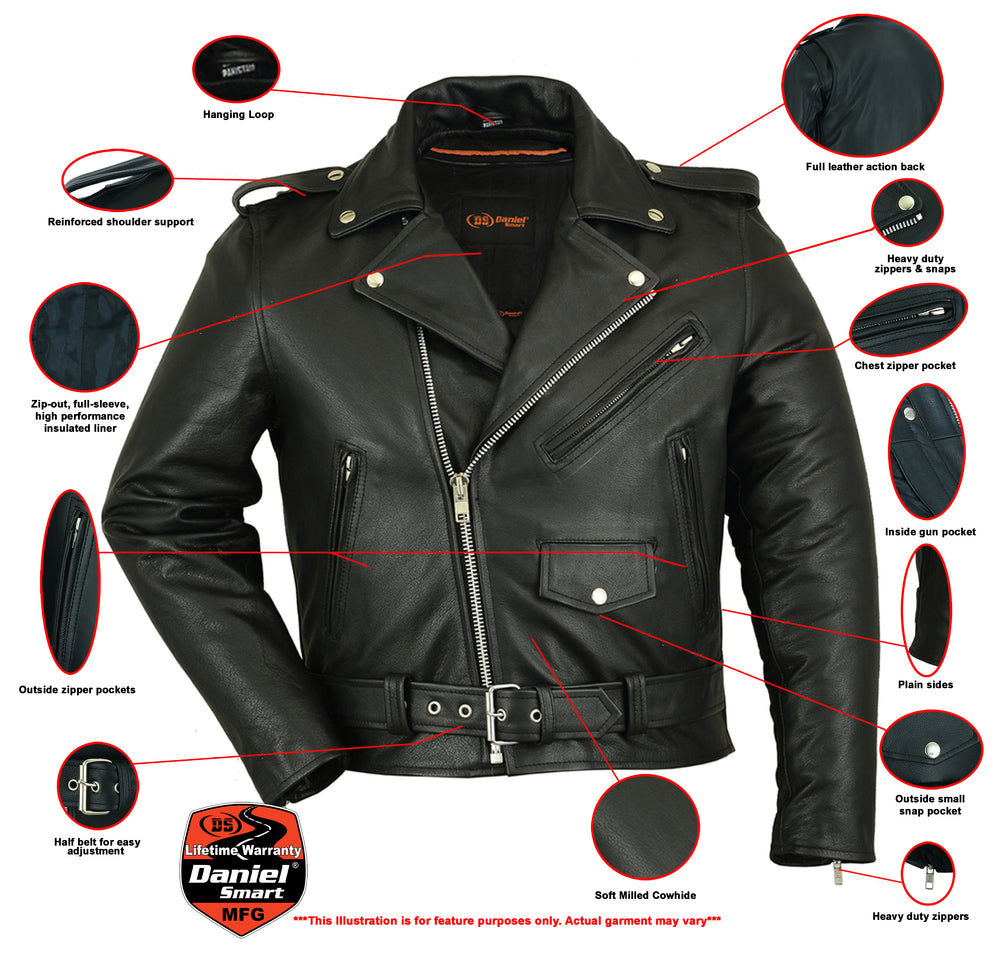 RC Men's Classic Plain Side Police Style Motorcycle Jacket - Black