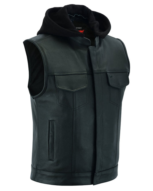 RC Men's Black Leather Motorcycle Vest with Removable Hood