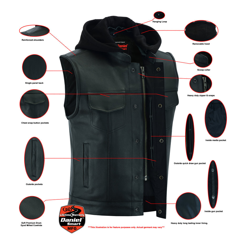 RC Men's Black Leather Motorcycle Vest with Removable Hood