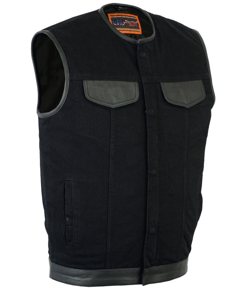 DM Men's Black Denim Single Panel Concealment Vest W/Leather Trim-