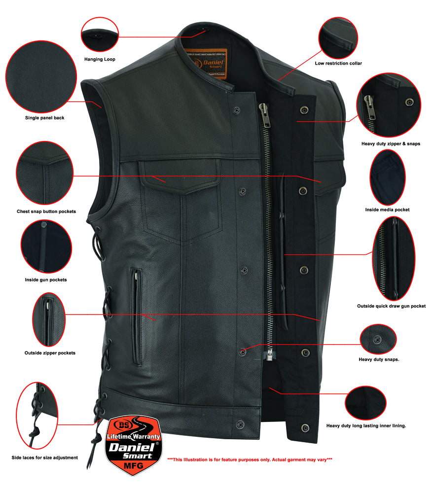 RC Men's Combat Black motorcycle Leather Vest - Gun Pockets & Side Laces