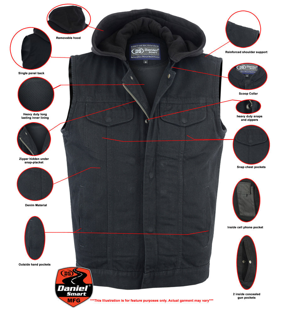 DM Men's Black Denim Single Back Panel Concealment Vest w/Rem