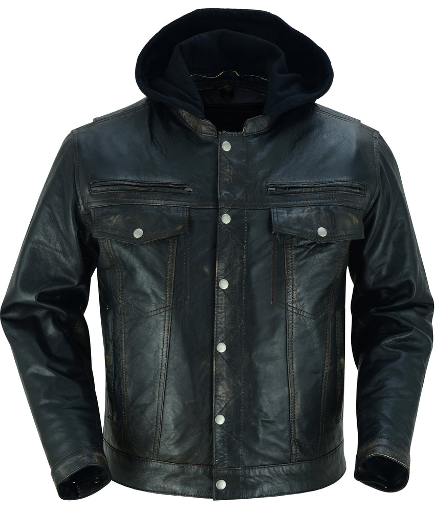 RC Men's Black Lightweight Drum Dyed Distressed Lambskin Jacket with Removable Hoodie