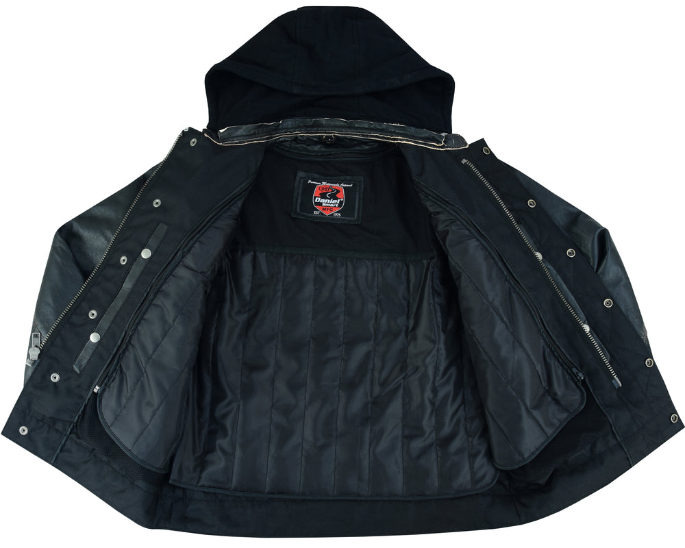 RC Men's Black Lightweight Drum Dyed Distressed Lambskin Jacket with Removable Hoodie