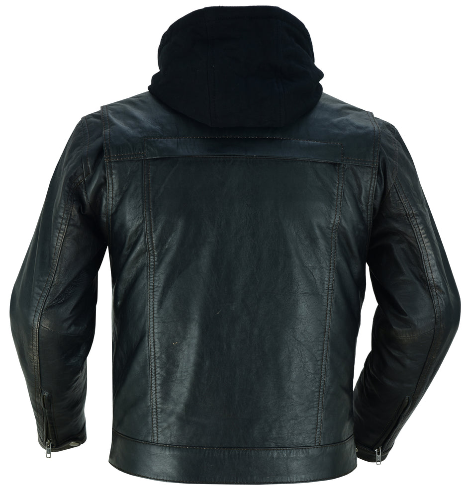 RC Men's Black Lightweight Drum Dyed Distressed Lambskin Jacket with Removable Hoodie