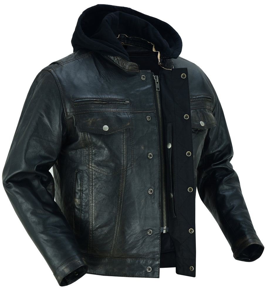 RC Men's Black Lightweight Drum Dyed Distressed Lambskin Jacket with Removable Hoodie